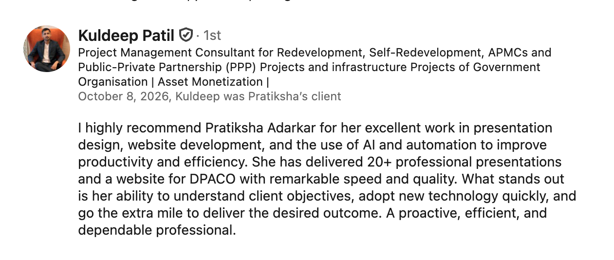 LinkedIn recommendation from Kuldeep Patil