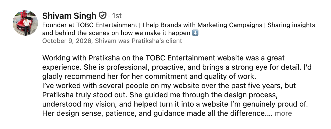 LinkedIn recommendation from Shivam Singh