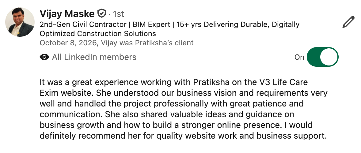 LinkedIn recommendation from Vijay Maske